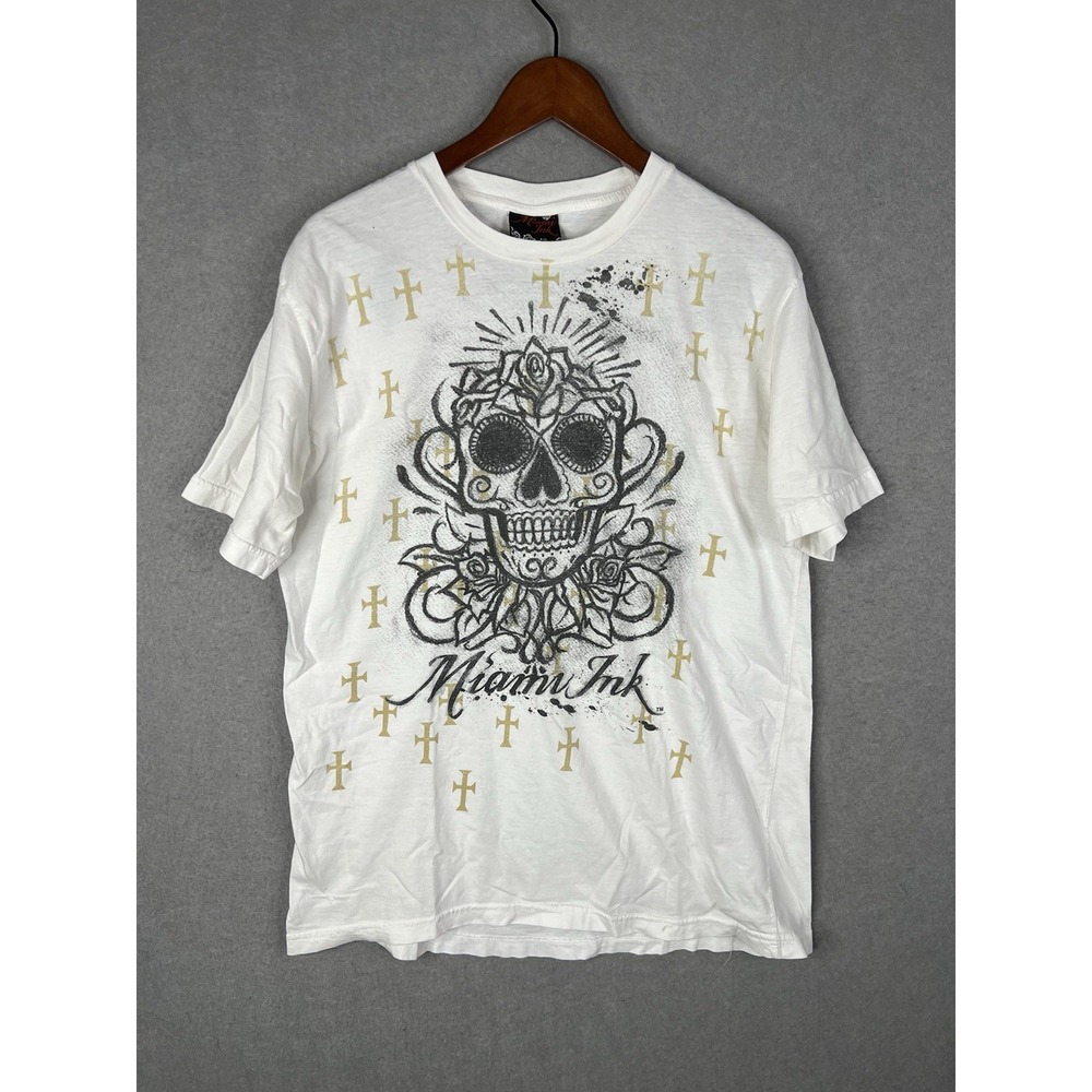 Vintage Miami Ink Shirt Mens XL White Skulls Y2K Tattoo Goth Emo Skater